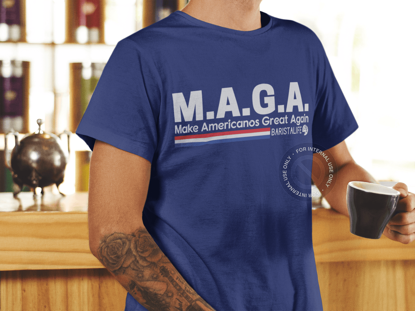 Make Americanos Great Again Barista Life Tee Blue